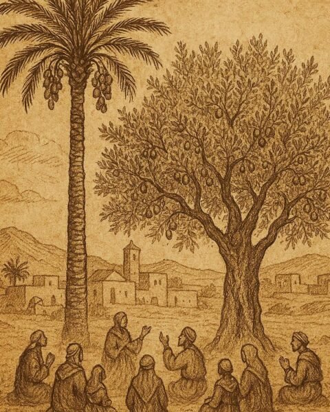 a tall date palm and a sturdy olive tree standing together in a Tunisian village, with villagers gathering beneath their branches