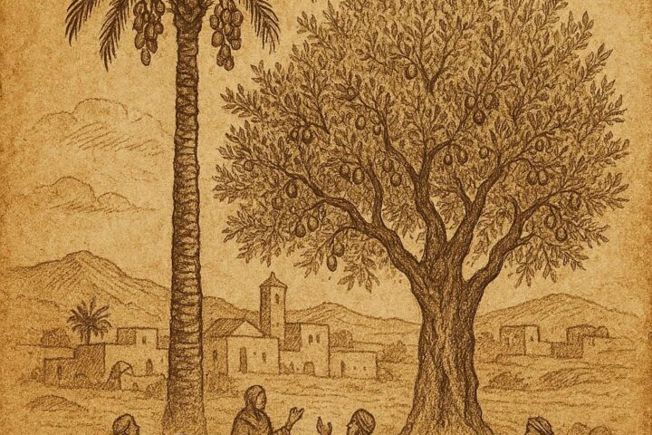 a tall date palm and a sturdy olive tree standing together in a Tunisian village, with villagers gathering beneath their branches