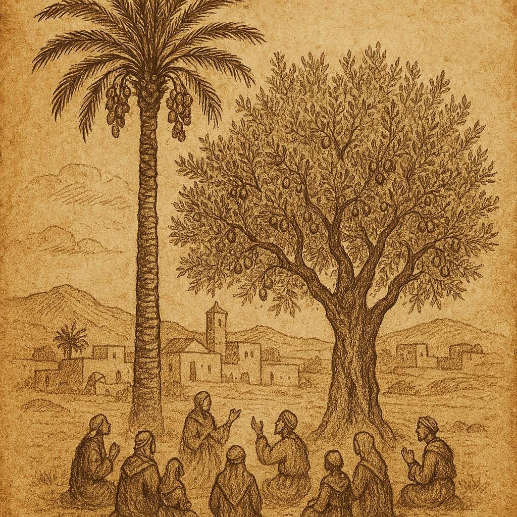 a tall date palm and a sturdy olive tree standing together in a Tunisian village, with villagers gathering beneath their branches