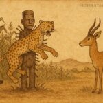 Leopard stuck to wooden Nkondi fetish in Congolese folktale with Gazelle nearby.