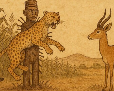 Leopard stuck to wooden Nkondi fetish in Congolese folktale with Gazelle nearby.