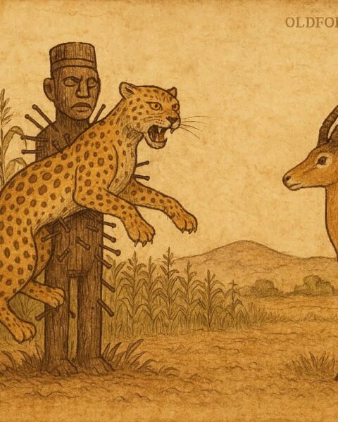 Leopard stuck to wooden Nkondi fetish in Congolese folktale with Gazelle nearby.