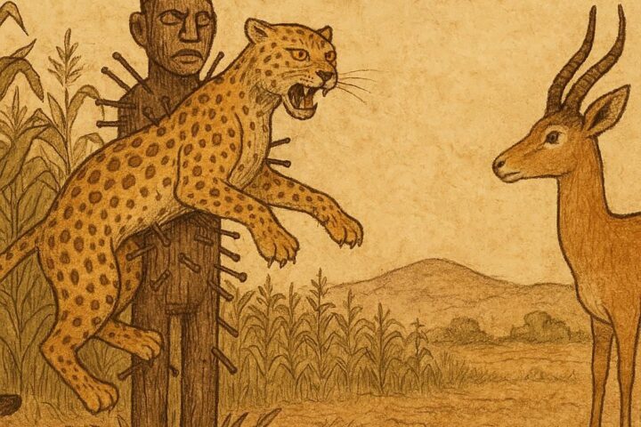 Leopard stuck to wooden Nkondi fetish in Congolese folktale with Gazelle nearby.