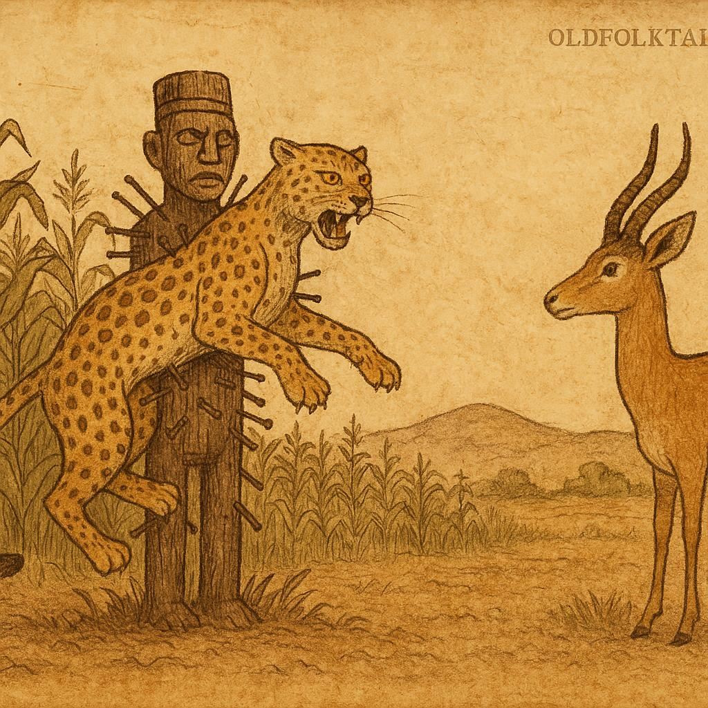 Leopard stuck to wooden Nkondi fetish in Congolese folktale with Gazelle nearby.