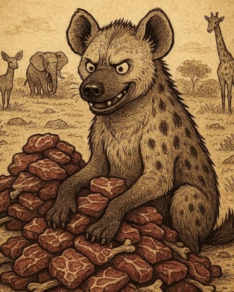 A lonely hyena sits with piles of meat while other animals keep away - Gabonese folktale