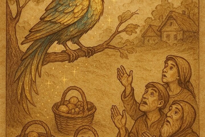 A magical bird with bright feathers creating baskets of food for villagers in an Ivorian folktale