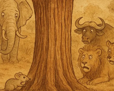 Illustration of Mouse gnawing mahogany tree to win his wife in Congolese folktale.