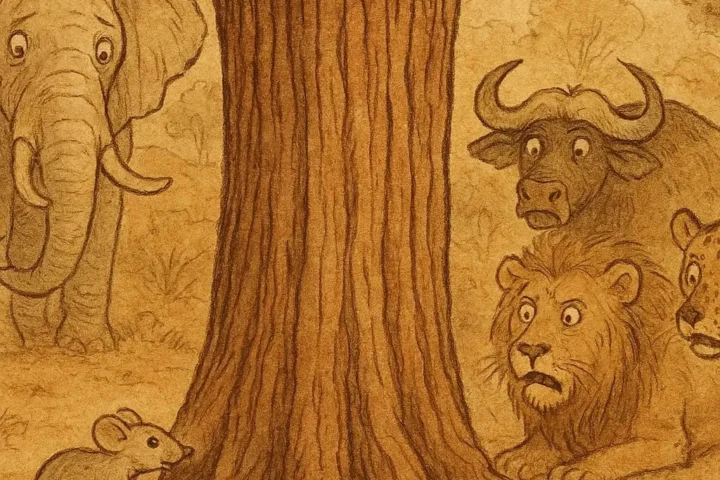 Illustration of Mouse gnawing mahogany tree to win his wife in Congolese folktale.