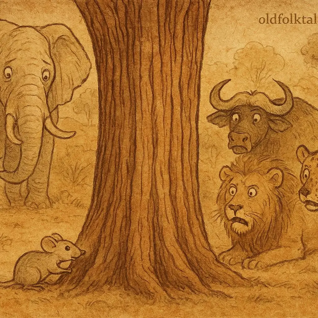 Illustration of Mouse gnawing mahogany tree to win his wife in Congolese folktale.