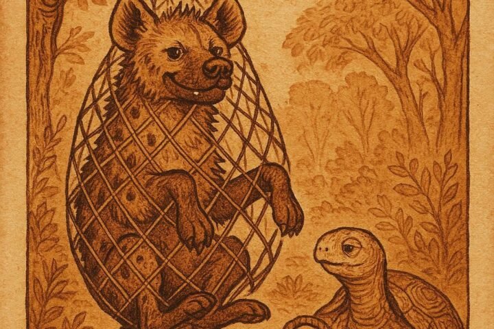 A proud hyena trapped in a forest net while a calm tortoise stands nearby with a basket of food - Ivorian folktale