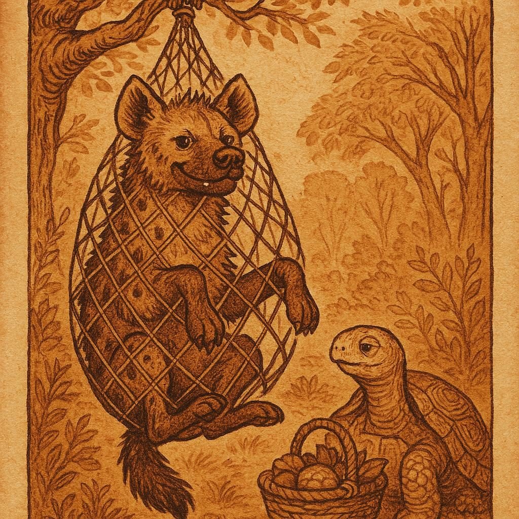 A proud hyena trapped in a forest net while a calm tortoise stands nearby with a basket of food - Ivorian folktale