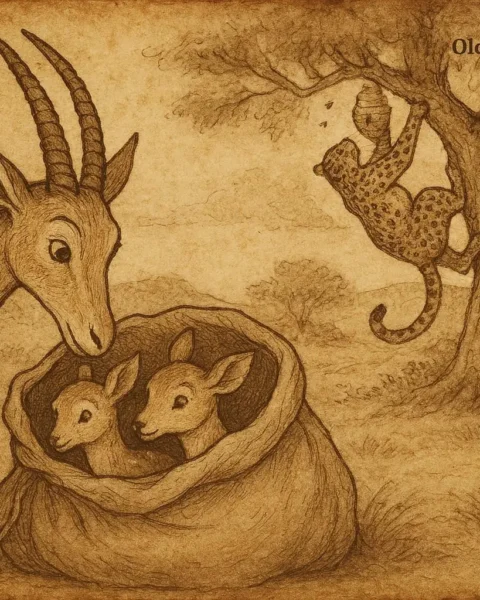 Illustration of Gazelle discovering his children in a sack while Leopard eats honey, Congolese folktale.