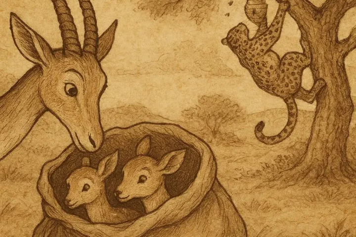 Illustration of Gazelle discovering his children in a sack while Leopard eats honey, Congolese folktale.