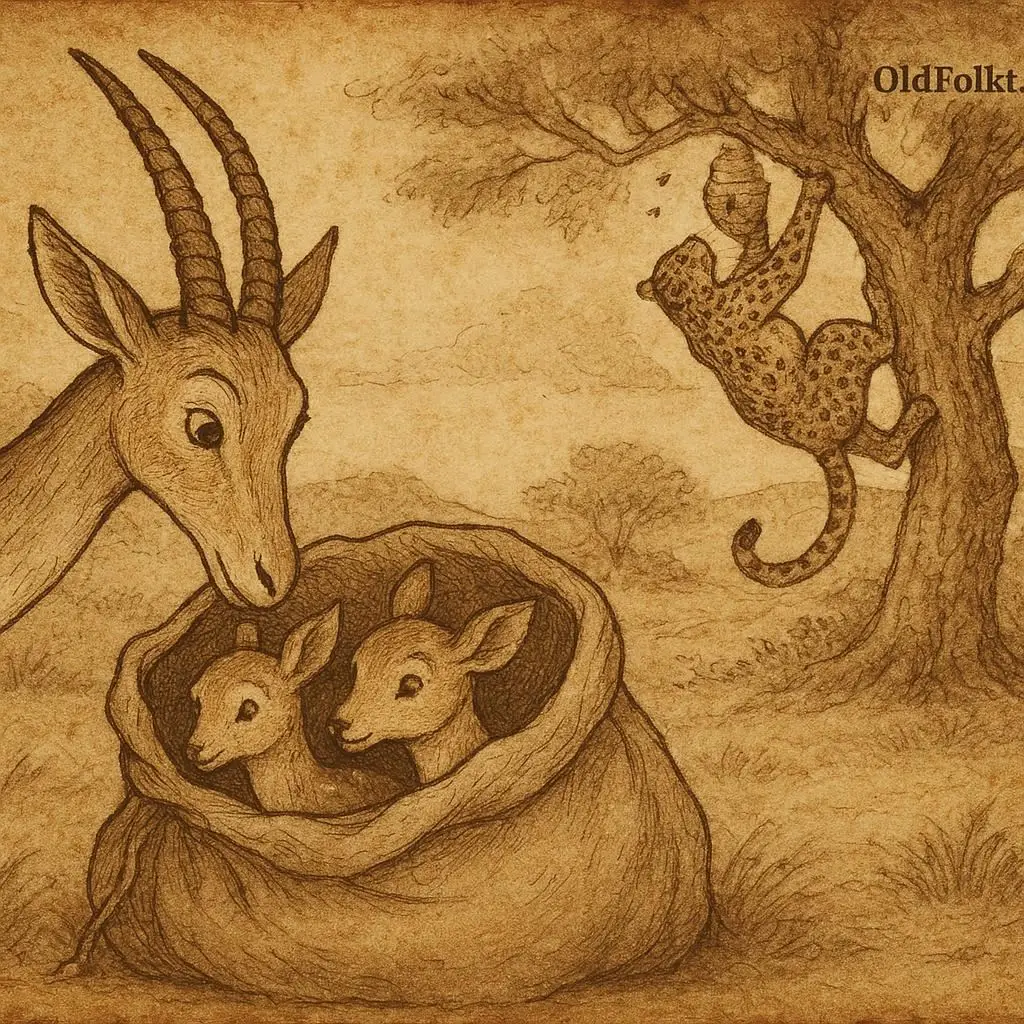Illustration of Gazelle discovering his children in a sack while Leopard eats honey, Congolese folktale.