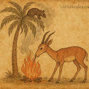 Gazelle and Palm-Rat in Congolese folktale, palm tree scene with fire and smoke.