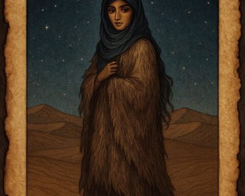 Tuareg princess in a goat skin sitting under desert starlight on parchment background, hidden beauty glowing faintly