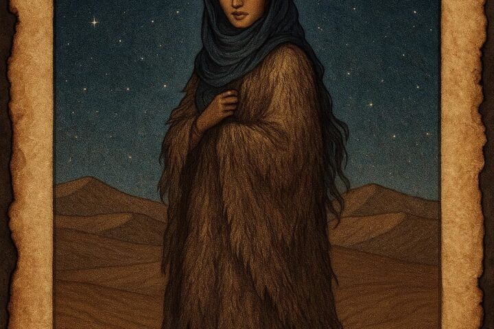 Tuareg princess in a goat skin sitting under desert starlight on parchment background, hidden beauty glowing faintly