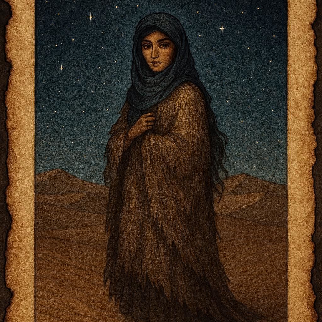 Tuareg princess in a goat skin sitting under desert starlight on parchment background, hidden beauty glowing faintly