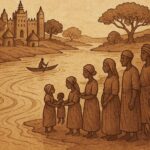 a sacred river in Mali with villagers standing by the riverbank Mali folktale