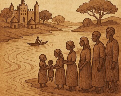 a sacred river in Mali with villagers standing by the riverbank Mali folktale