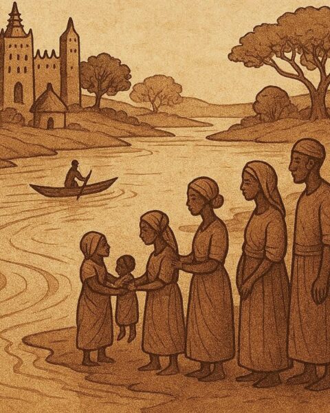 a sacred river in Mali with villagers standing by the riverbank Mali folktale