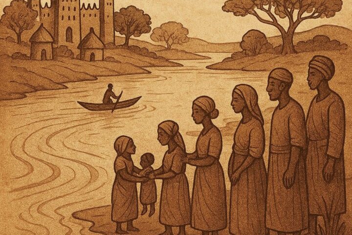 a sacred river in Mali with villagers standing by the riverbank Mali folktale
