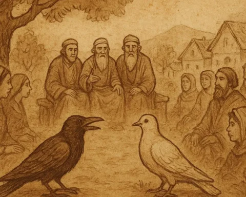 Crow and Dove before elders in Congolese folktale about greed, honesty, and justice.
