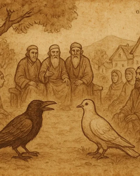 Crow and Dove before elders in Congolese folktale about greed, honesty, and justice.