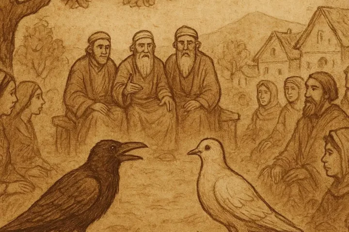 Crow and Dove before elders in Congolese folktale about greed, honesty, and justice.
