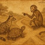 Civet, Tortoise, and Monkey at a crossroads in a Congolese folktale about friendship and reconciliation