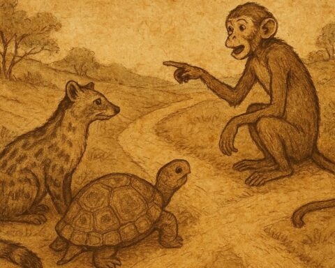 Civet, Tortoise, and Monkey at a crossroads in a Congolese folktale about friendship and reconciliation