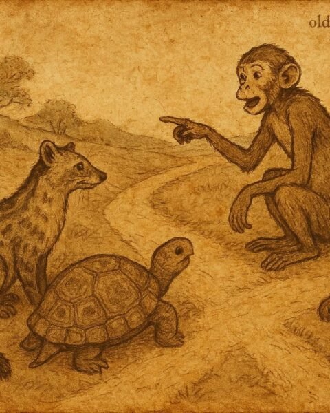 Civet, Tortoise, and Monkey at a crossroads in a Congolese folktale about friendship and reconciliation