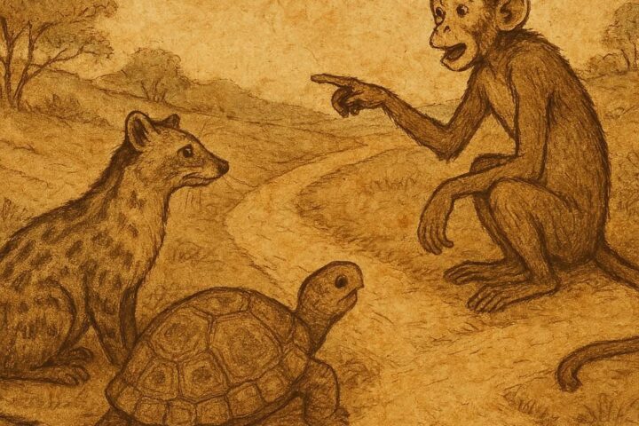 Civet, Tortoise, and Monkey at a crossroads in a Congolese folktale about friendship and reconciliation