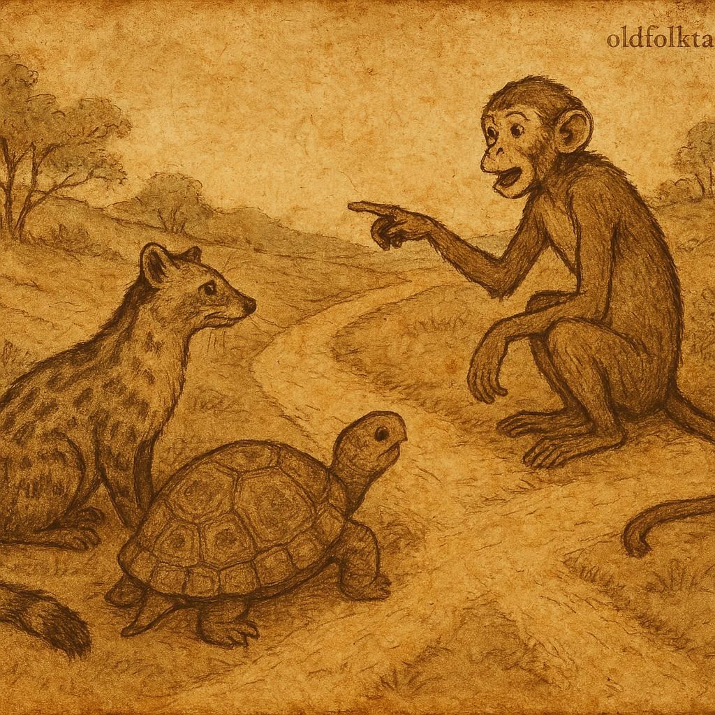 Civet, Tortoise, and Monkey at a crossroads in a Congolese folktale about friendship and reconciliation