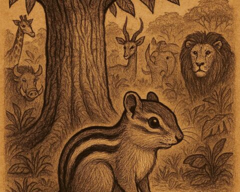 a clever chipmunk leaping between tree branches, with faint stripe patterns beginning to appear on its back, representing the Ghanaian folktale