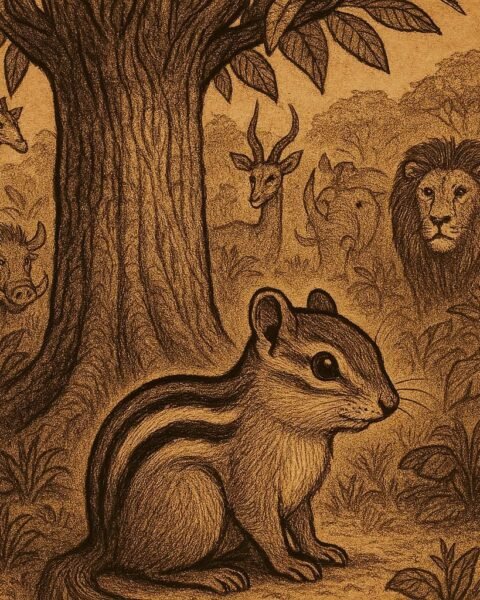 a clever chipmunk leaping between tree branches, with faint stripe patterns beginning to appear on its back, representing the Ghanaian folktale
