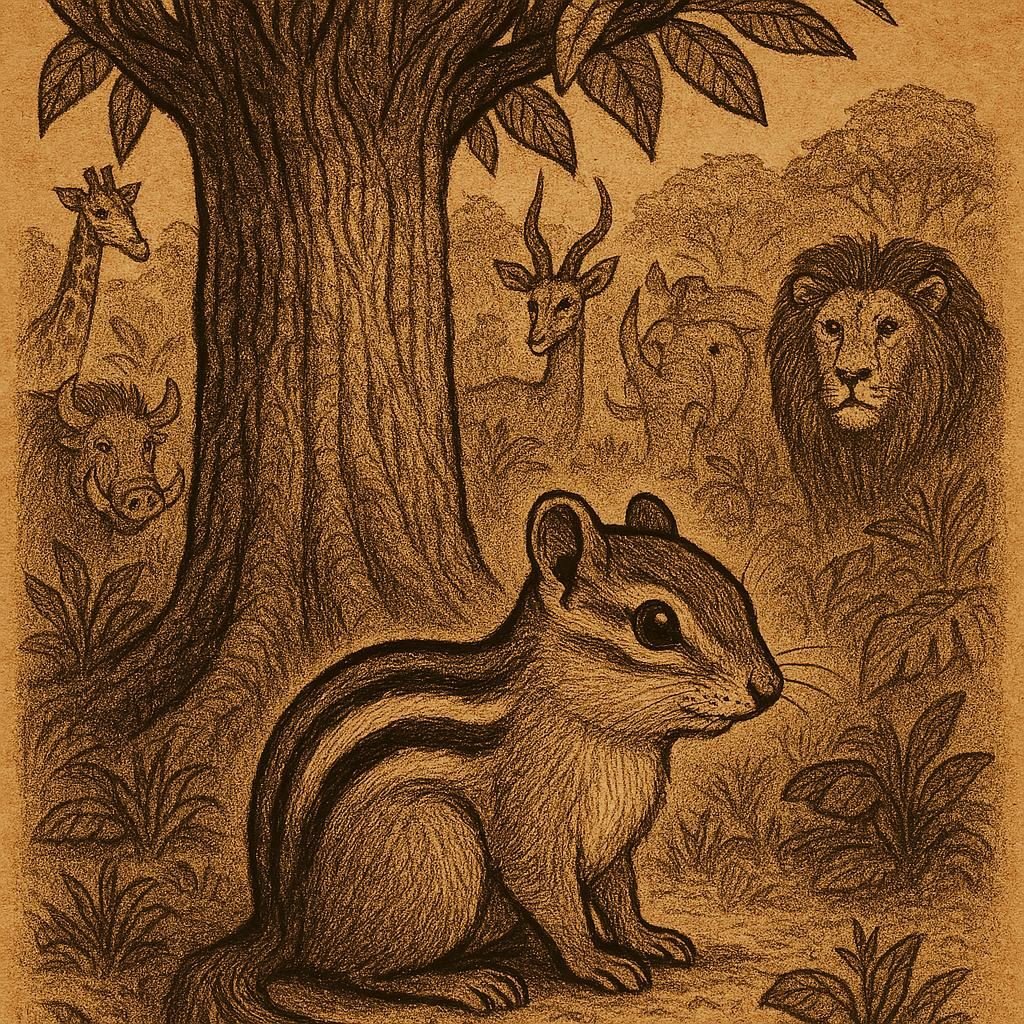 How the Chipmunk Got Its Stripes – Ghanaian Folktale | FolktalesAfrica.com a clever chipmunk leaping between tree branches, with faint stripe patterns beginning to appear on its back, representing the Ghanaian folktale