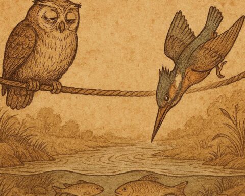 Owl and Kingfisher on a rope above a stream in a Bakongo folktale from Congo.