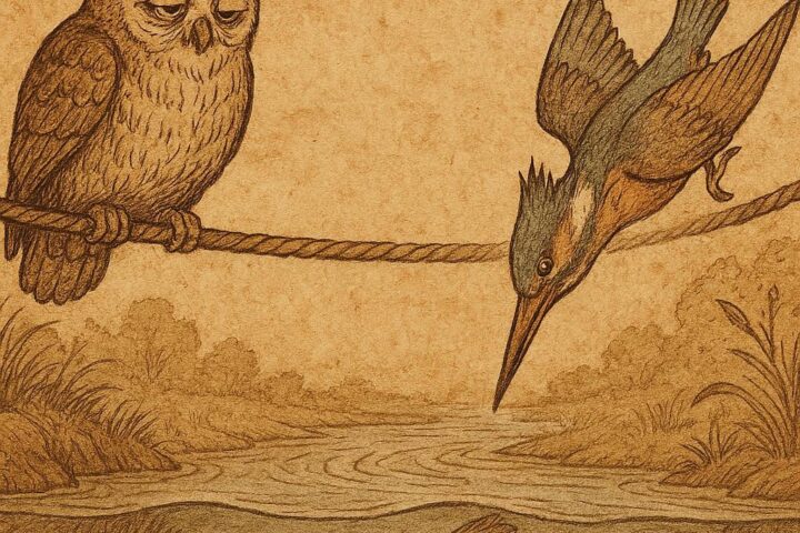 Owl and Kingfisher on a rope above a stream in a Bakongo folktale from Congo.