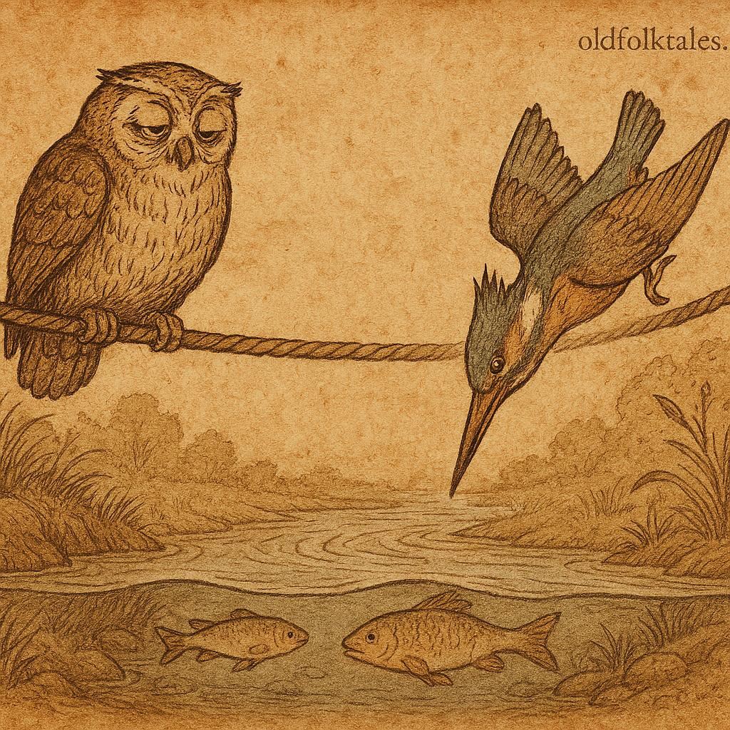 Owl and Kingfisher on a rope above a stream in a Bakongo folktale from Congo.