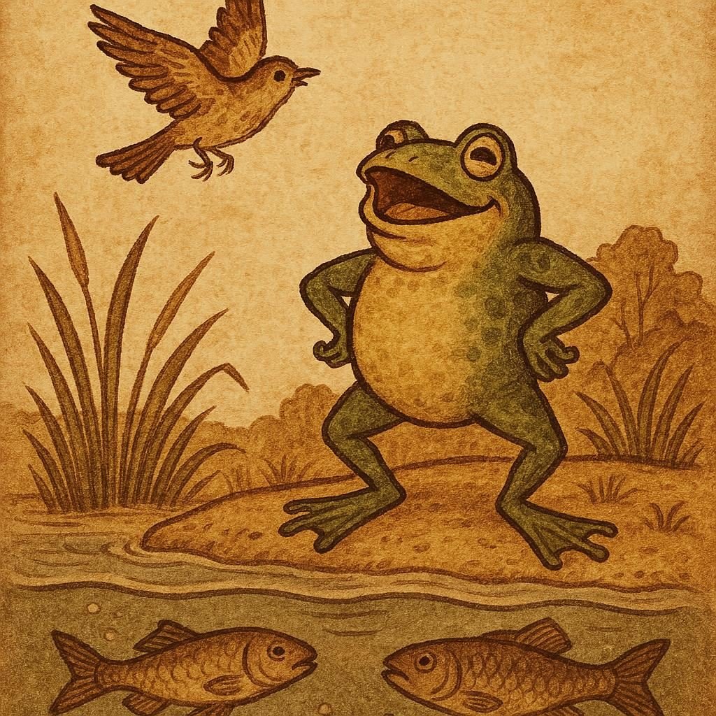 The Boastful Frog -Gabonese Folktale | FolktalesAfrica.com A boastful frog on a riverbank in Gabon, challenging a sparrow in the air and fish in the river - Gabonese folktale