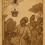 a Liberian folktale showing Spider hanging the king’s crown in his web as the king looks upward in disbelief with villagers watching