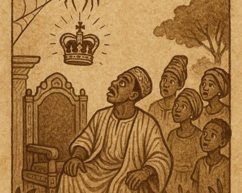 a Liberian folktale showing Spider hanging the king’s crown in his web as the king looks upward in disbelief with villagers watching