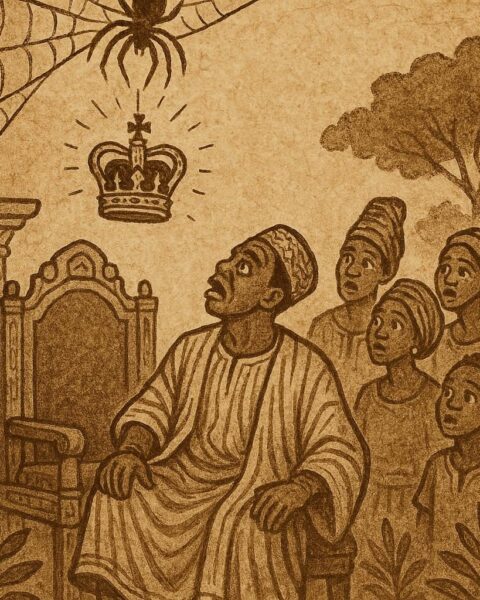 a Liberian folktale showing Spider hanging the king’s crown in his web as the king looks upward in disbelief with villagers watching