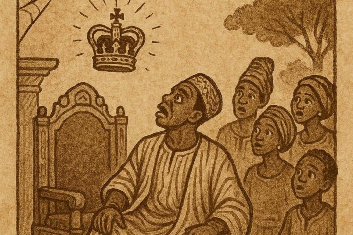 a Liberian folktale showing Spider hanging the king’s crown in his web as the king looks upward in disbelief with villagers watching