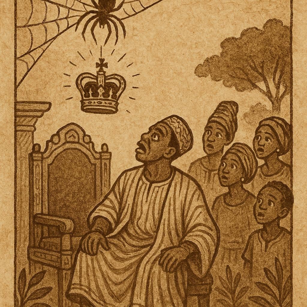 a Liberian folktale showing Spider hanging the king’s crown in his web as the king looks upward in disbelief with villagers watching