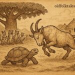 Goat charging at Tortoise during a tournament as animals watch under a baobab tree - Benga folktale