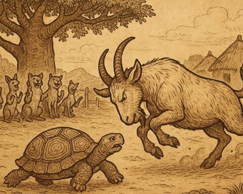 Goat charging at Tortoise during a tournament as animals watch under a baobab tree - Benga folktale