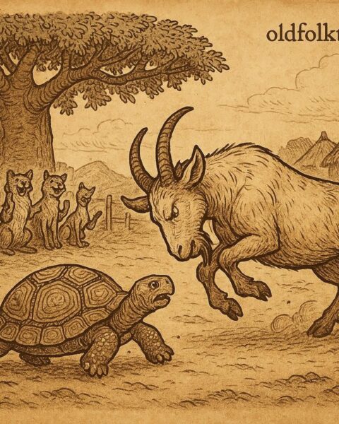 Goat charging at Tortoise during a tournament as animals watch under a baobab tree - Benga folktale