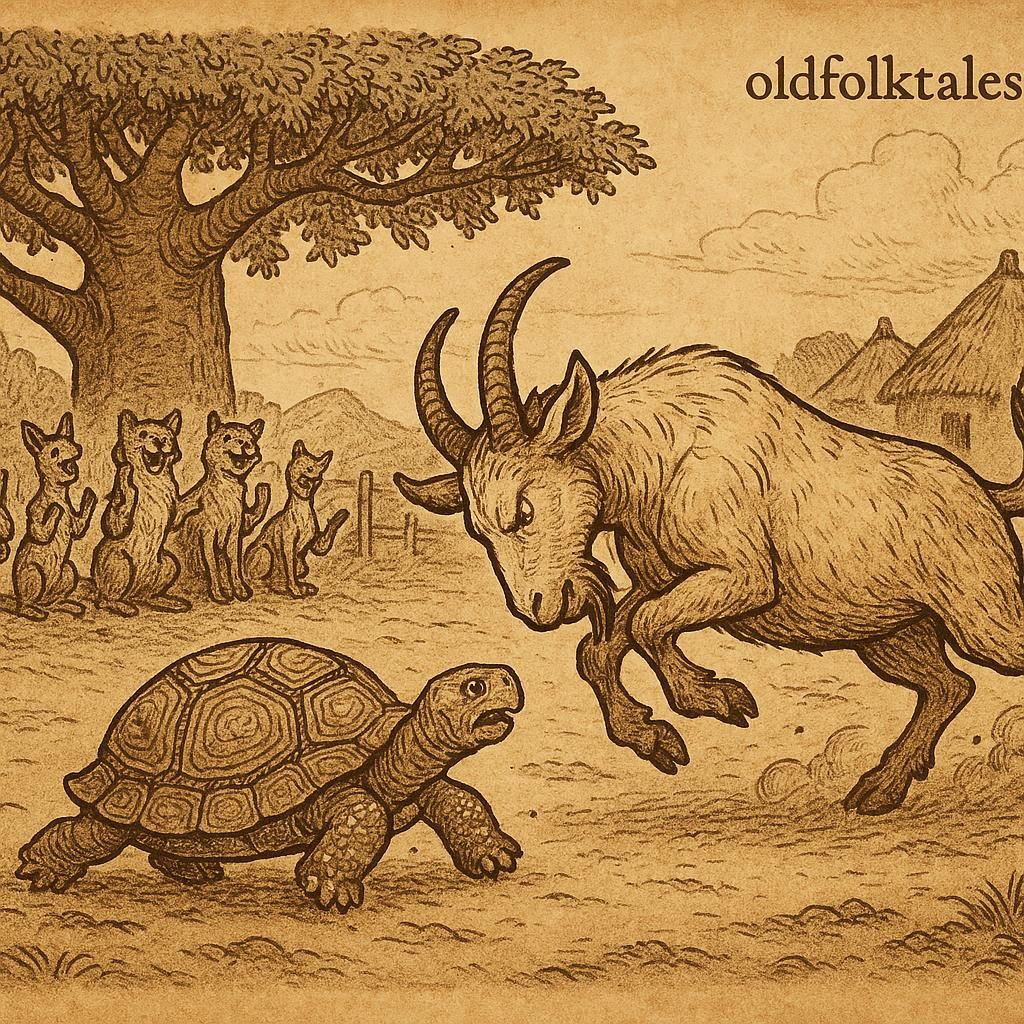 Goat charging at Tortoise during a tournament as animals watch under a baobab tree - Benga folktale